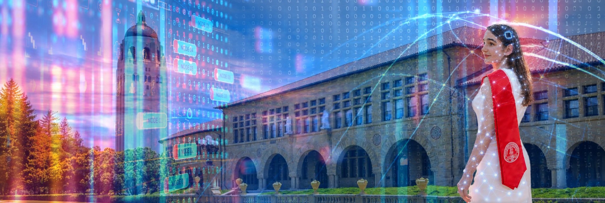 Stanford's Main Quad and Hoover Tower layered with streams of binary code and a glowing network of nodes, with a graduate in a Stanford sash at the right.