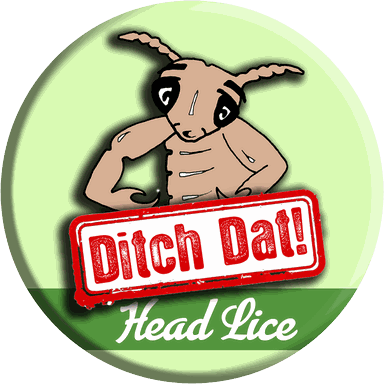 The Ditch Dat! Head Lice badge — a glum cartoon louse under a stamped wordmark.