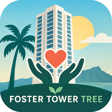 The Foster Tower Tree app icon — cupped hands holding a heart before a Honolulu high-rise, a palm tree, and Diamond Head.